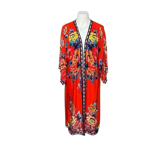 Flying Tomato red floral open front kimono size M/L - Picture 1 of 11